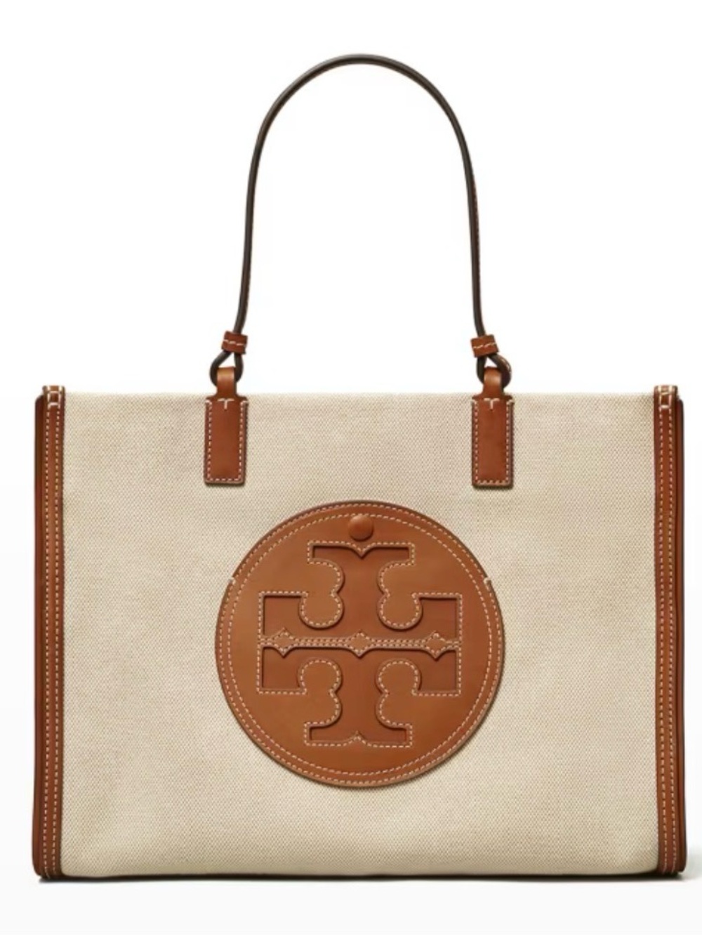 Tory Burch Ella Canvas and Tan Leather Logo Tote